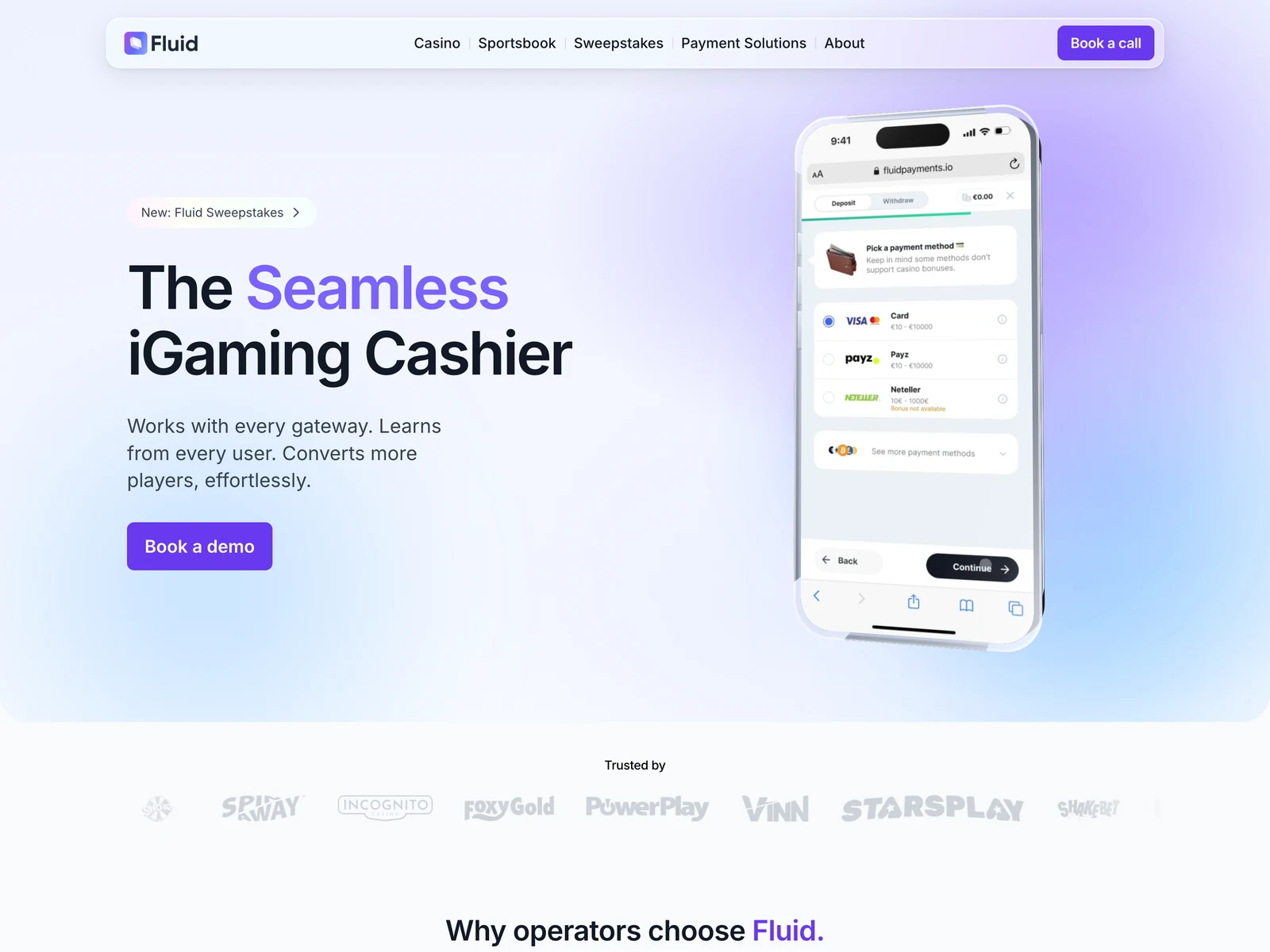 The Fluid site showing the AI-powered iGaming cashier running on a phone.
