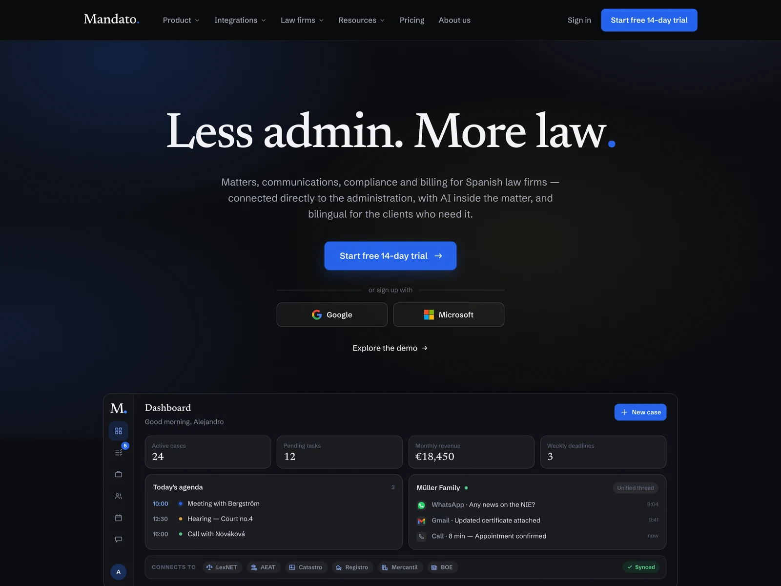 The Mandato site and its case-file dashboard for Spanish law firms.