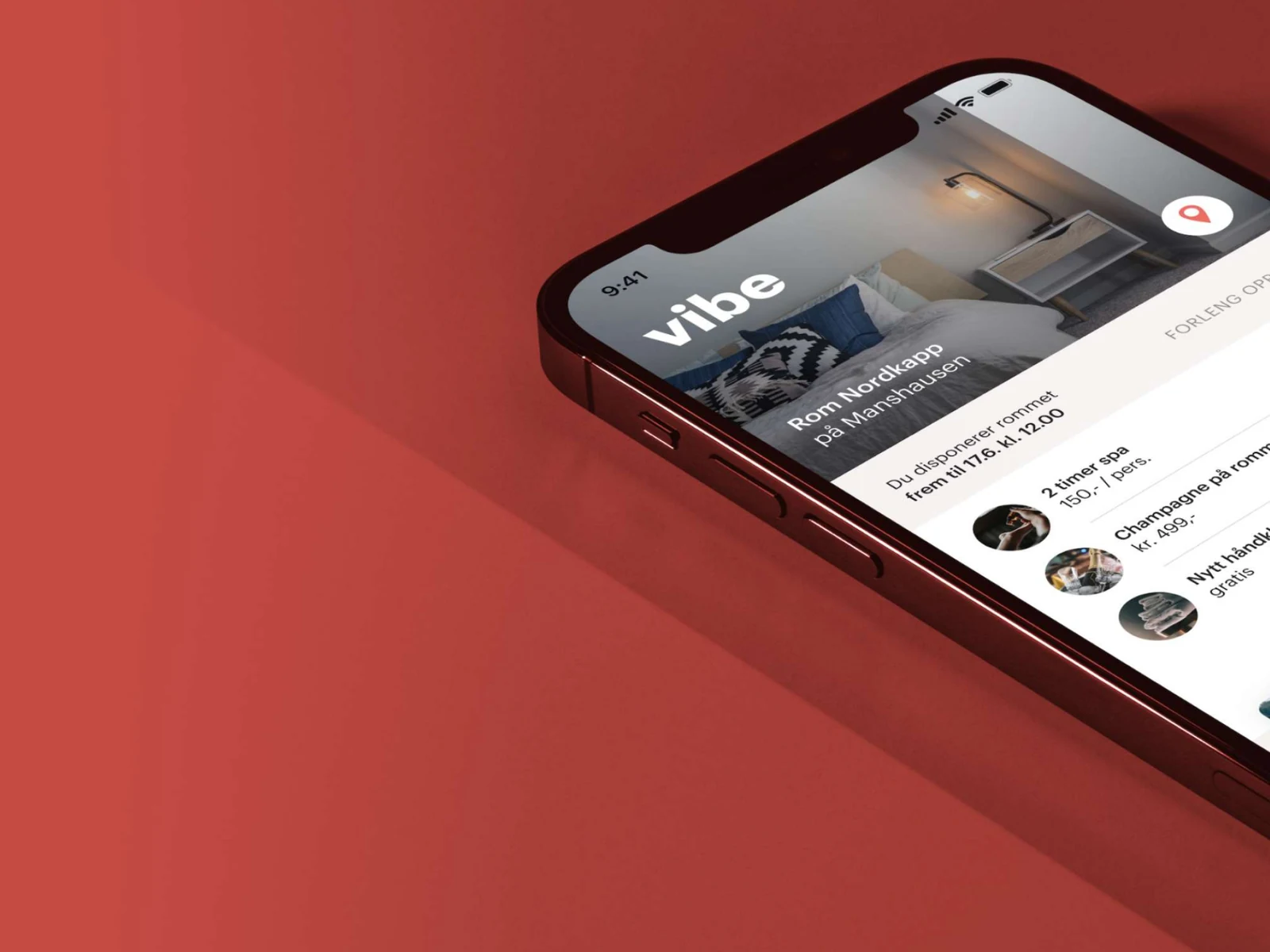 The Vibe guest app on a phone, showing a booked room and add-on experiences.
